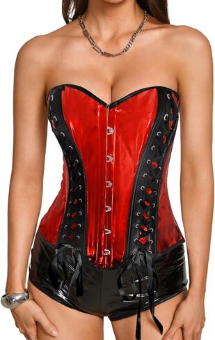 Women's Metallic PU Patent Leather Corset Top, Holographic Reflective Punk Festival Rave Outfits in Saudi Arabia