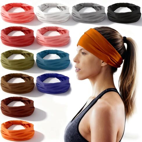12 Pcs Headbands for Women Wide Sweat Absorb Headbands Thick Sports Stretchy Sweat Bands Non-Slip Hairbands for Running Yoga Boho Twisted Hair Accessories(Classic Style) in Saudi Arabia