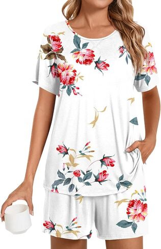 أطقم بيجامات للنساء بيجامة ناعمة بأكمام قصيرة مع شورت مريح، ملابس نوم مكونة من قطعتين in Kuwait