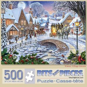 Bits and Pieces - 1500 Piece Jigsaw Puzzle for Adults 24" x 33"  - Winter Village Stream - 1500 pc Holiday Seasonal Snowy Town Square Cobblestone Bridge Jigsaw by Artist Steve Crisp in Kuwait
