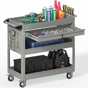 عربة أدوات دوارة من 3 طبقات على عجلات، عربة خدمة صناعية شديدة التحمل مع درج ورف مفك بيجبورد، منظم تخزين الأدوات المحمولة بوزن 550 رطل لورشة العمل، المرآب (أخضر-أسود) in Kuwait