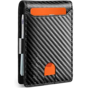 محفظة من ألياف الكربون للرجال مع مشبك نقود جلدي - حامل بطاقات قلاب جلدي رفيع للغاية، يحمل البطاقات والنقود، هدايا متينة له، أنيقة وبسيطة in Kuwait