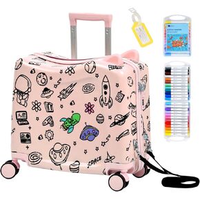 حقيبة ركوب للأطفال مع آذان لطيفة، تصميم تلوين جرافيتي DIY، حقيبة حمل مقاس 20 بوصة مع 4 عجلات دوارة، وحبل سحب وقفل مركب - حقيبة سفر قابلة للركوب للأطفال الصغار والأطفال (أخضر) in Kuwait