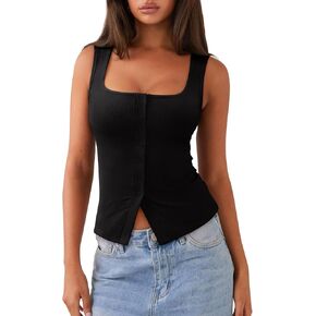 REORIA Women's Sexy Ribbed Button Down Square Neck Tank Tops Trendy Y2K 2026 Summer Sleeveless Going Out Vest Crop Tops in Kuwait
