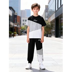 Boys' 2-Piece Outfit Set, Short-Sleeve T-Shirt & Jogger Pants, Color Block Casual Tee Tapered Trousers Clothing(9-12Y) in Kuwait