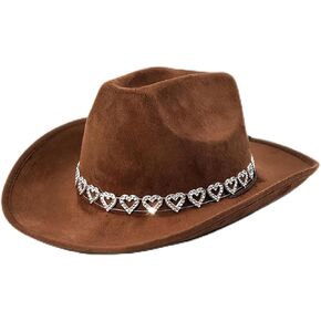 قبعة رعاة البقر ذات قلوب لامعة من حجر الراين ورأى قبعة راعية البقر بحافة واسعة مع حبل قابل للتعديل للرجال والنساء باللون البني in Kuwait