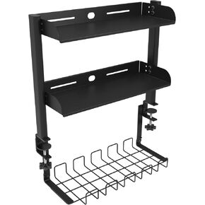 Clamp On Desk Shelf, 17'' 2-Tier Desktop Organizer Shelf with Under-Desk Hidden Storage Basket, Heavy-Duty Desk Shelves for Top of Desk, Space-Saving Desk Storage for Home Office Gaming Setup (Black) in Saudi Arabia