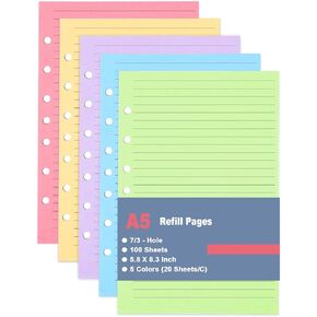 A5 Filler Paper - Mini Binder 5 Colorful Line Paper for 3 or 7 Ring Binders - 100 Sheets/200 Pages Loose Leaf Paper Line Refills, Per Color 20 Sheets, Desk Size 4, 5.8" x 8.25" in Kuwait