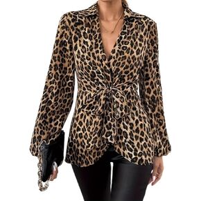 Women's Bow Tie Waist Lapel Long Sleeve Irregular Hem Leopard Print Y2k Fitted Top in Saudi Arabia
