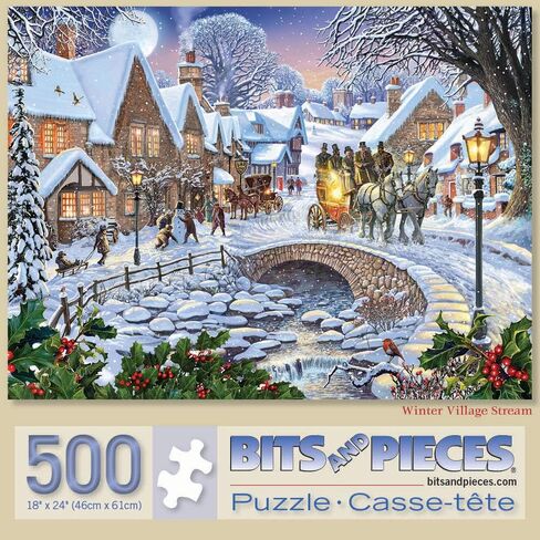 Bits and Pieces - 1500 Piece Jigsaw Puzzle for Adults 24" x 33"  - Winter Village Stream - 1500 pc Holiday Seasonal Snowy Town Square Cobblestone Bridge Jigsaw by Artist Steve Crisp in Kuwait