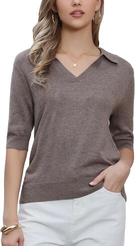 Allegra K Short Sleeve Polo Shirts for Women's V Neck Knitted Summer Fall Business Casual Tops in Saudi Arabia