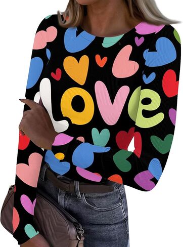 Long Sleeve Undershirt for Women Cute Heart Graphic Basic Tees Slim Fit St Patricks Day Shirts Valentines Outfits in Saudi Arabia