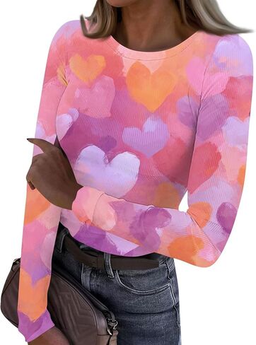 Long Sleeve Undershirt for Women Cute Heart Graphic Basic Tees Slim Fit St Patricks Day Shirts Valentines Outfits in Saudi Arabia