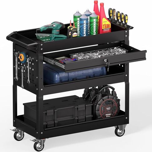 3 Tier Rolling Tool Cart on Wheels, Heavy Duty Industrial Utility Cart Service Cart with Drawer and Screwdriver Rack Pegboard, 550 LBS Mobile Tool Storage Organizer for Workshop, Garage(Green-Black) in Saudi Arabia