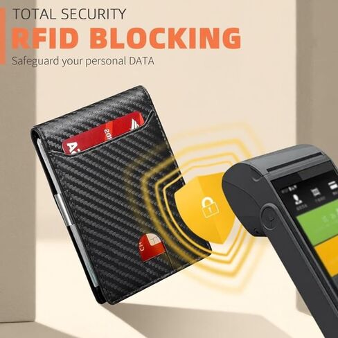 محفظة من ألياف الكربون للرجال مع مشبك نقود جلدي - حامل بطاقات قلاب جلدي رفيع للغاية، يحمل البطاقات والنقود، هدايا متينة له، أنيقة وبسيطة in Kuwait
