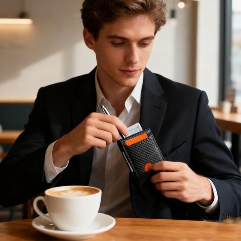 محفظة من ألياف الكربون للرجال مع مشبك نقود جلدي - حامل بطاقات قلاب جلدي رفيع للغاية، يحمل البطاقات والنقود، هدايا متينة له، أنيقة وبسيطة in Kuwait