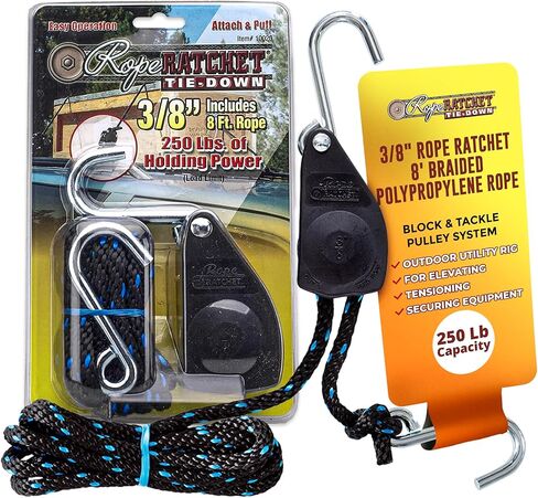 Rope Ratchet 10026 Heavy-Duty 3/8" Ratcheting Tie Down Rope Hanger, 250lb - Robust Rachet Pulley System, Secure Rope Tie Downs with Hooks (1 Ratchet Only, As Pictured) in Kuwait