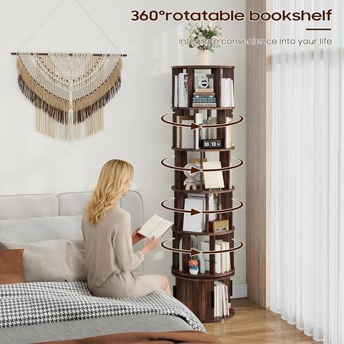 رف كتب دوار من Vabches، منظم خزانة كتب دوار دائري، برج رف كتب يدور 360 درجة، أرفف كتب دوارة للمساحات الصغيرة، غرفة المعيشة، غرفة النوم، الدراسة، المكتب، الجوز in Kuwait