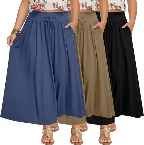 3 Pack Women's Plus Size Maxi Long Skirts a Line High Waisted Ankle Length Flowy Pleated Skirts with Pockets in Saudi Arabia