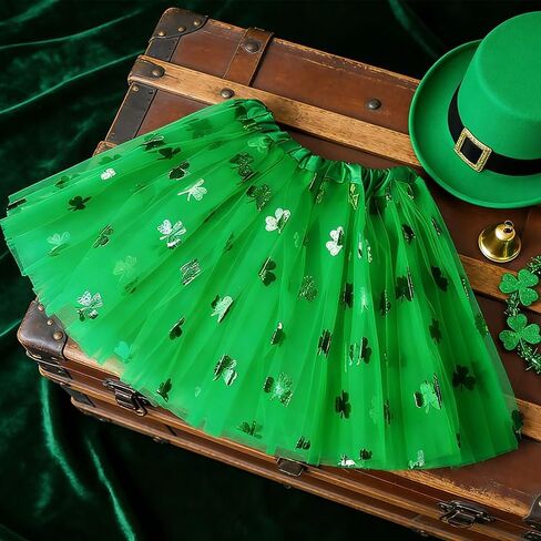 Adult St. Patrick's Day Running Tutu,3 Layered Ballet Dance Tulle Skirt,Clover High Waisted A-Line Short Skirts,Green Glitter Tutu Dress,Puffy Satin Lined Dance Non See-Through Skirt Festival Costumes in Saudi Arabia