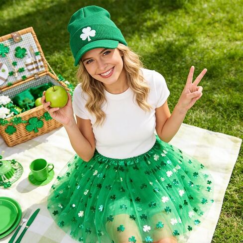 Adult St. Patrick's Day Running Tutu,3 Layered Ballet Dance Tulle Skirt,Clover High Waisted A-Line Short Skirts,Green Glitter Tutu Dress,Puffy Satin Lined Dance Non See-Through Skirt Festival Costumes in Saudi Arabia