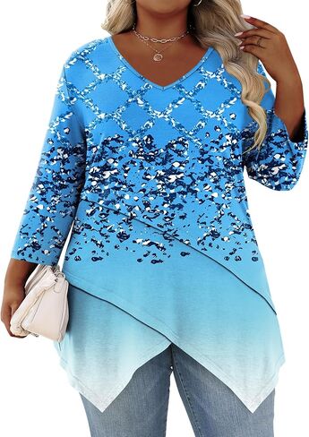 TFSDOD Plus Size Tops for Women 3/4 Sleeve Shirts V Neck T Shirt Spring Summer Blouses 1X-5X in Saudi Arabia