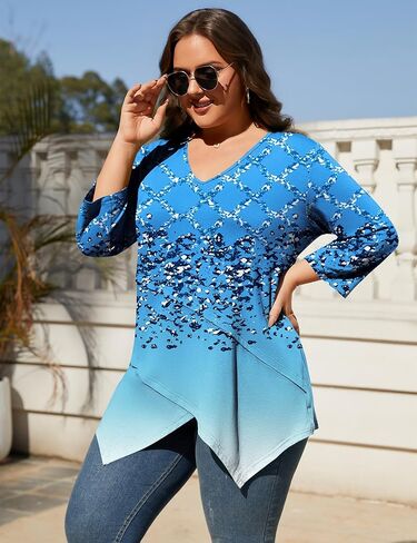 TFSDOD Plus Size Tops for Women 3/4 Sleeve Shirts V Neck T Shirt Spring Summer Blouses 1X-5X in Saudi Arabia