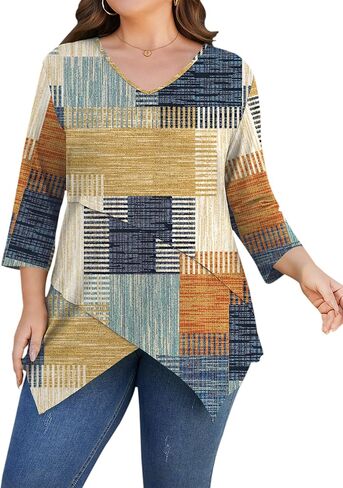 TFSDOD Plus Size Tops for Women 3/4 Sleeve Shirts V Neck T Shirt Spring Summer Blouses 1X-5X in Saudi Arabia