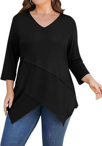 TFSDOD Plus Size Tops for Women 3/4 Sleeve Shirts V Neck T Shirt Spring Summer Blouses 1X-5X in Saudi Arabia