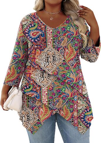 TFSDOD Plus Size Tops for Women 3/4 Sleeve Shirts V Neck T Shirt Spring Summer Blouses 1X-5X in Saudi Arabia