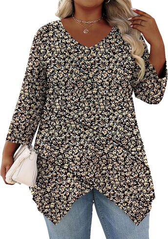 TFSDOD Plus Size Tops for Women 3/4 Sleeve Shirts V Neck T Shirt Spring Summer Blouses 1X-5X in Saudi Arabia