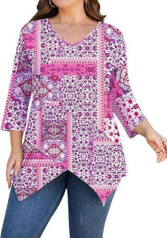 TFSDOD Plus Size Tops for Women 3/4 Sleeve Shirts V Neck T Shirt Spring Summer Blouses 1X-5X in Saudi Arabia