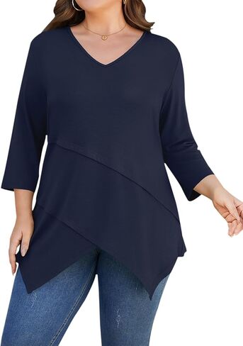 TFSDOD Plus Size Tops for Women 3/4 Sleeve Shirts V Neck T Shirt Spring Summer Blouses 1X-5X in Saudi Arabia