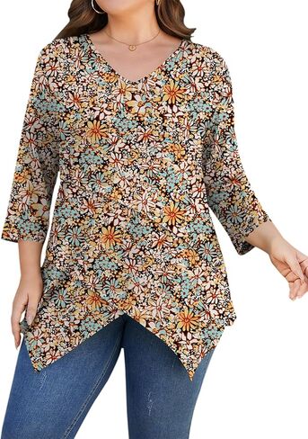 TFSDOD Plus Size Tops for Women 3/4 Sleeve Shirts V Neck T Shirt Spring Summer Blouses 1X-5X in Saudi Arabia
