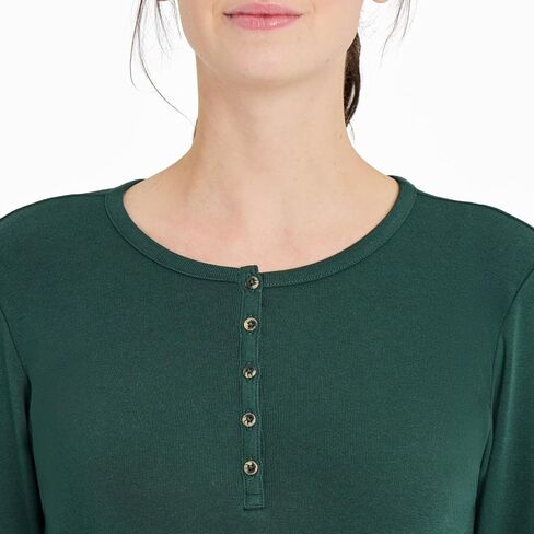 Life is Good. Women's Solid Modal Ribbed Henley, Treeline Green in Saudi Arabia