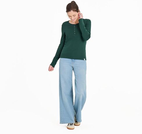Life is Good. Women's Solid Modal Ribbed Henley, Treeline Green in Saudi Arabia