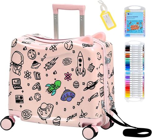 حقيبة ركوب للأطفال مع آذان لطيفة، تصميم تلوين جرافيتي DIY، حقيبة حمل مقاس 20 بوصة مع 4 عجلات دوارة، وحبل سحب وقفل مركب - حقيبة سفر قابلة للركوب للأطفال الصغار والأطفال (أخضر) in Kuwait