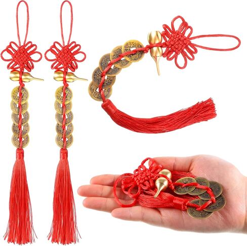 2PCS Chinese Knot Tassel, Feng Shui Good Luck Charms, Metal Gourd with 5 Coins Good Luck Gifts, Bring Wealth, Health and Peaceful for Cars, Furniture, Bags, Homes, and Offices in Saudi Arabia