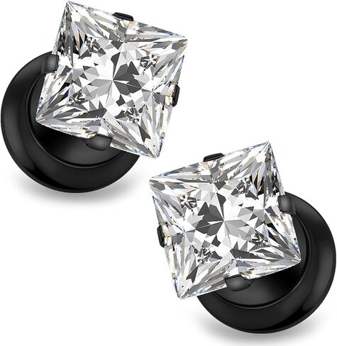 Ocptiy 10G-00G Square CZ Gauges for Ear 316L Surgical Steel Mirror Finish Single Flared Tunnels Plugs Earrings Internally Threaded Diamond Ear Gauges Piercing for Women Men Silver Black Gold 1 Pairs in Saudi Arabia