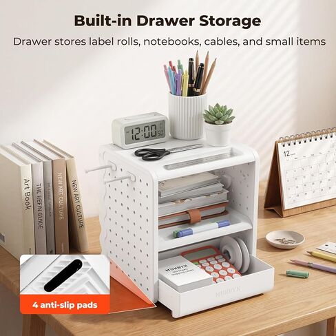 MUNBYN ILH03 4x6 Thermal Label Holder, 5-in-1 Sticker Holder with 3-Tier Shelf, Drawer, Hooks & Pegboard, for Shipping Label Printing, Office, Small Business, Home in Saudi Arabia