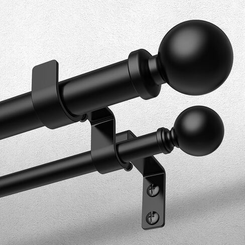 Double Curtain Rod, 1 Inch Black Dual Curtain Rods for Windows 30 to 72 Inch, Decorative Adjustable Heavy Duty Telescopic Spliced Window Treatment Rods Set for Bedroom Living Room Farmhouse in Kuwait