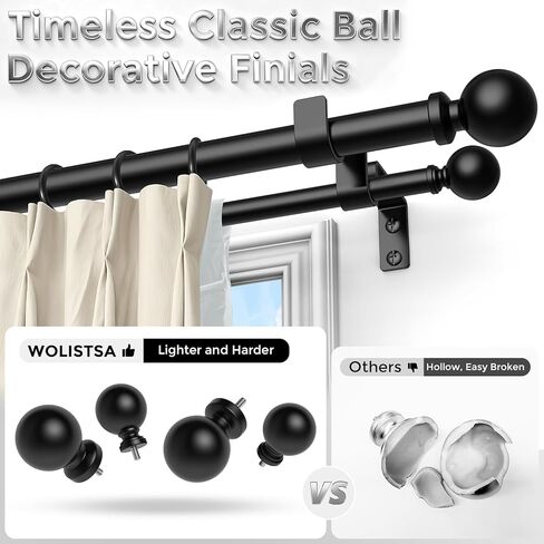 Double Curtain Rod, 1 Inch Black Dual Curtain Rods for Windows 30 to 72 Inch, Decorative Adjustable Heavy Duty Telescopic Spliced Window Treatment Rods Set for Bedroom Living Room Farmhouse in Kuwait