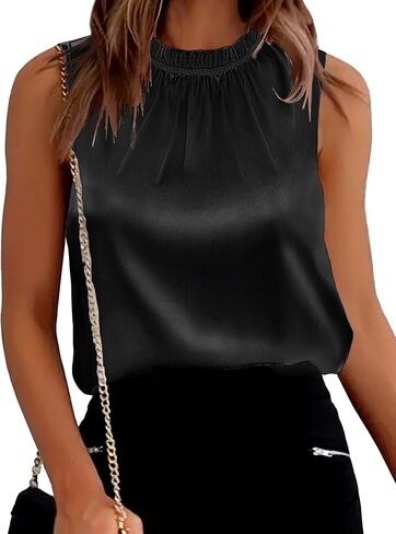 SimpleFun Womens Silk Satin Tank Tops Business Casual Ruffle Trim Mock Neck Sleeveless Summer Blouses Shirts in Saudi Arabia