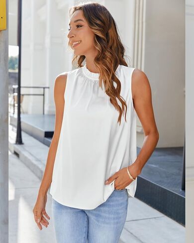 SimpleFun Womens Silk Satin Tank Tops Business Casual Ruffle Trim Mock Neck Sleeveless Summer Blouses Shirts in Saudi Arabia