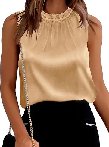 SimpleFun Womens Silk Satin Tank Tops Business Casual Ruffle Trim Mock Neck Sleeveless Summer Blouses Shirts in Saudi Arabia