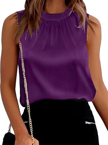 SimpleFun Womens Silk Satin Tank Tops Business Casual Ruffle Trim Mock Neck Sleeveless Summer Blouses Shirts in Saudi Arabia