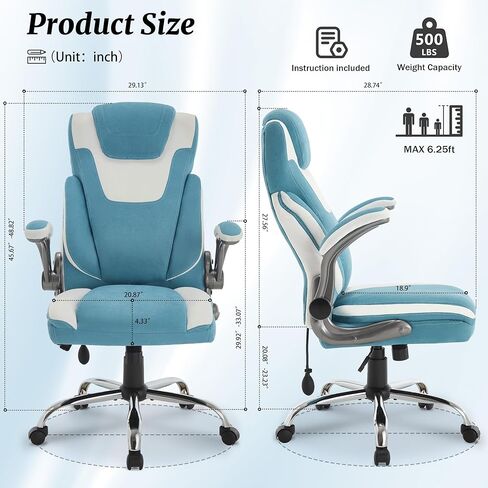 كرسي مكتب كبير وطويل من القماش بوزن 500 رطل مع دعم قطني قابل للتعديل، مقعد عريض جدًا لكرسي مكتب تنفيذي شديد التحمل، كرسي ألعاب هزاز مريح ومسامي ومساند للذراعين مبطنة قابلة للطي، أزرق أبيض in Kuwait