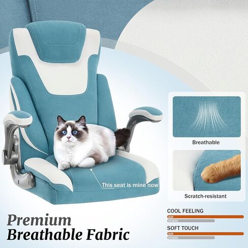 كرسي مكتب كبير وطويل من القماش بوزن 500 رطل مع دعم قطني قابل للتعديل، مقعد عريض جدًا لكرسي مكتب تنفيذي شديد التحمل، كرسي ألعاب هزاز مريح ومسامي ومساند للذراعين مبطنة قابلة للطي، أزرق أبيض in Kuwait