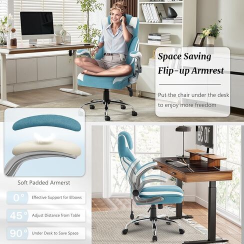 كرسي مكتب كبير وطويل من القماش بوزن 500 رطل مع دعم قطني قابل للتعديل، مقعد عريض جدًا لكرسي مكتب تنفيذي شديد التحمل، كرسي ألعاب هزاز مريح ومسامي ومساند للذراعين مبطنة قابلة للطي، أزرق أبيض in Kuwait