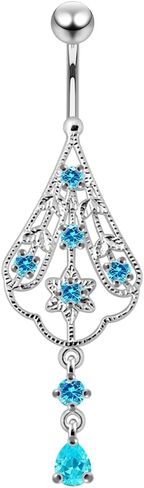 Chandelier Floral Flower Teardrop Dangling Design 925 Sterling Silver with Stainless Steel Belly Ring - Belly Button jewelry - Navel jewelry in Saudi Arabia